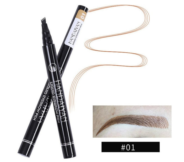 waterproof microblading eyebrow pencil showcased with fork tip pen and eyebrow swatch.