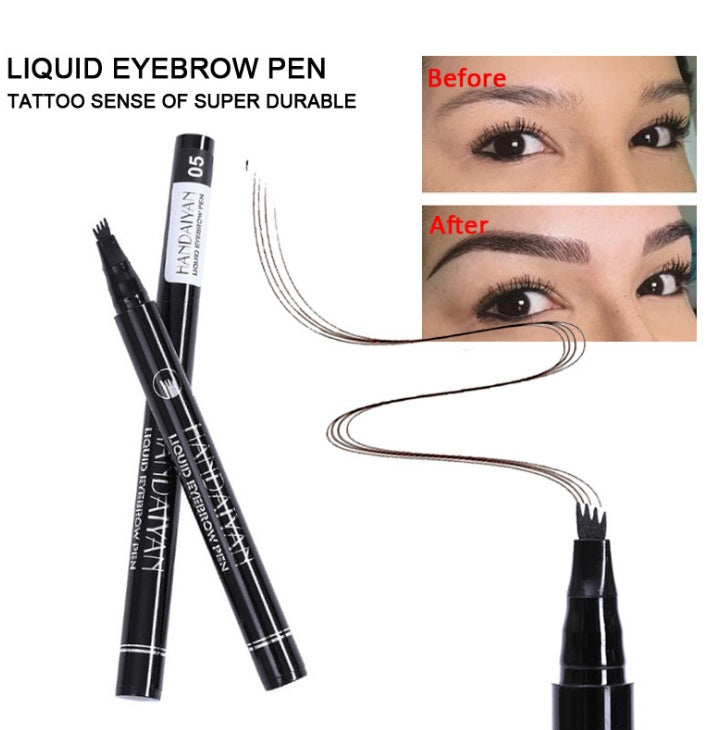 Waterproof microblading eyebrow pencil shown with before and after results, demonstrating defined brows and natural hair strokes.
