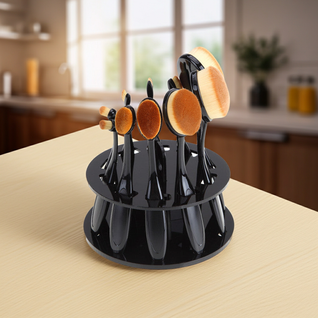 Makeup Brush Holder Organizer | 10-Slot Round Organiser | Black