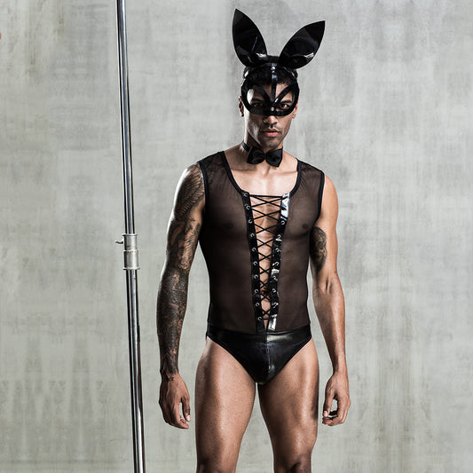 Men's mesh underwear - black one-piece bodysuit front view