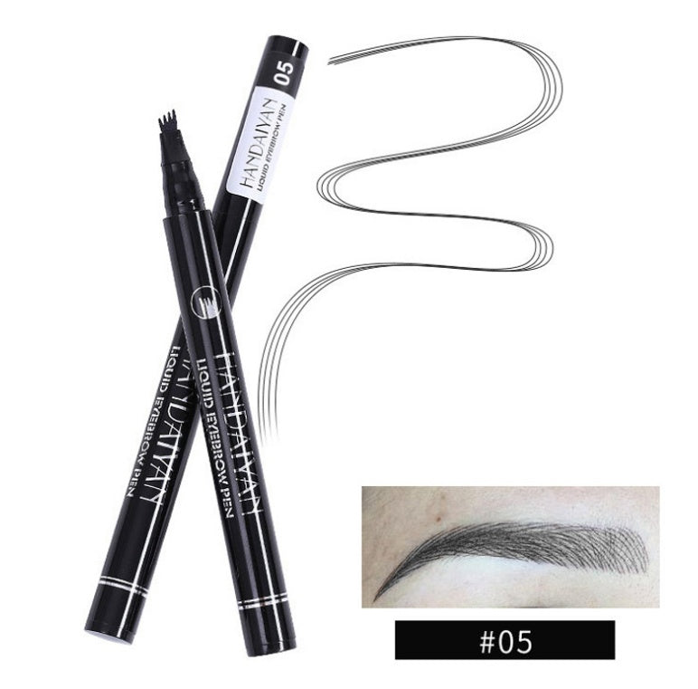 waterproof microblading eyebrow pencil showcased with fork tip pen and eyebrow swatch.