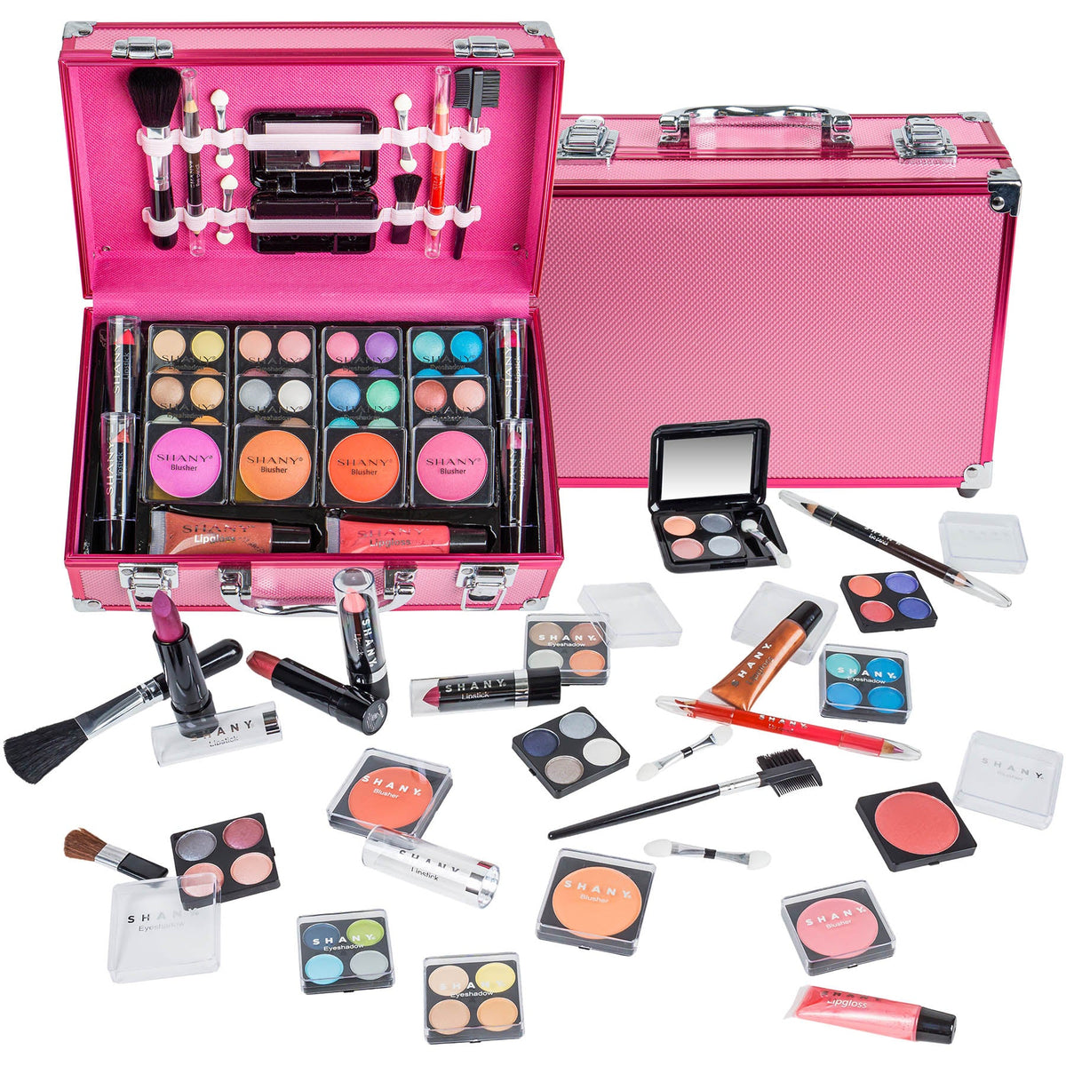 makeup train case set - open case with cosmetics 